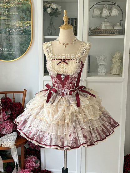 Wine Red Balletcore Princess Corset Top with Floral Skirt - Nine Odes