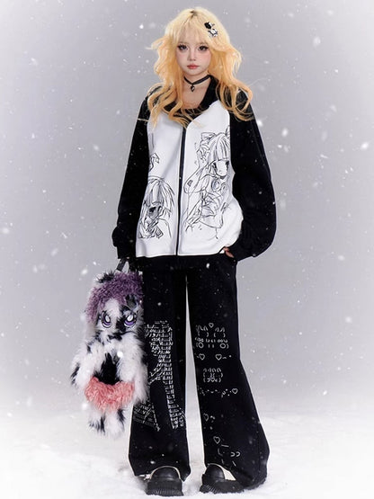 Schwarz-weißer Kapuzenpullover mit Farbblock-Reißverschluss und Manga-Mädchen-Print