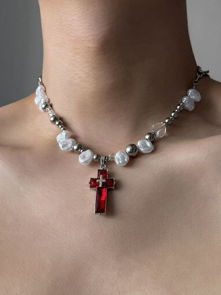 Y2K Red Cross Pendant with White Pearl Beads - YSHXS