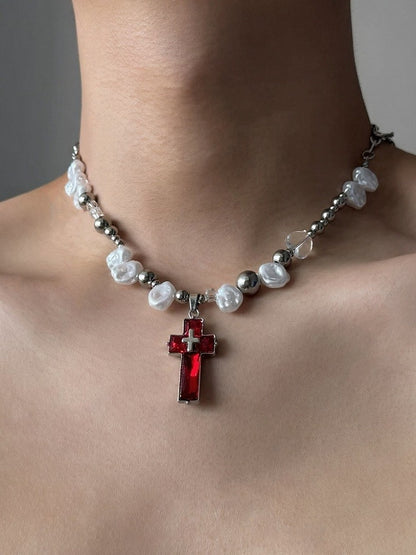Y2K Red Cross Pendant with White Pearl Beads - YSHXS