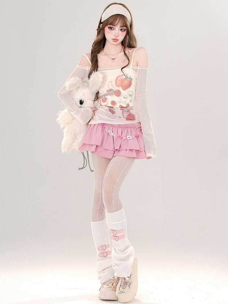 Rosa/Aprikose – Halbtransparentes, schulterfreies Top mit Erdbeer-Print und Camisole-Set