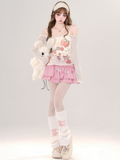 Rosa/Aprikose – Halbtransparentes, schulterfreies Top mit Erdbeer-Print und Camisole-Set