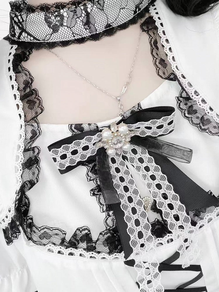 Monochrome Ruffle Sleeve Blouse with Lace, Bow and Choker Accents - GingaU