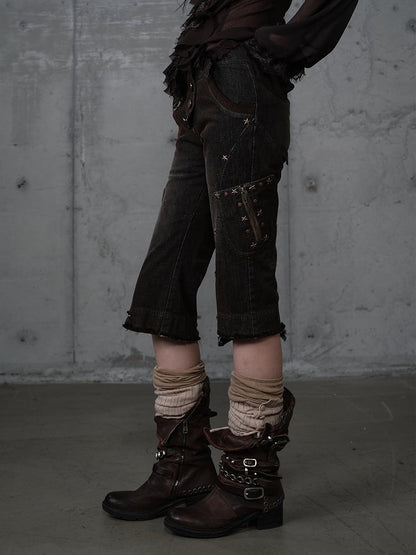 Capris Asymmetrical Denim with Punk Star Distressed Black Vintage Wasteland Pockets Studs