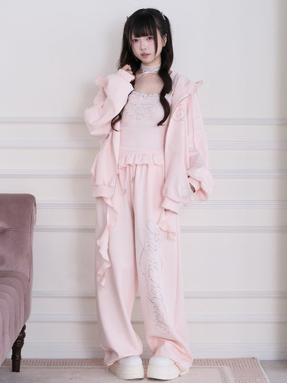 Pink Straight-Leg Pants with Rhinestone Embellishment - No Genki