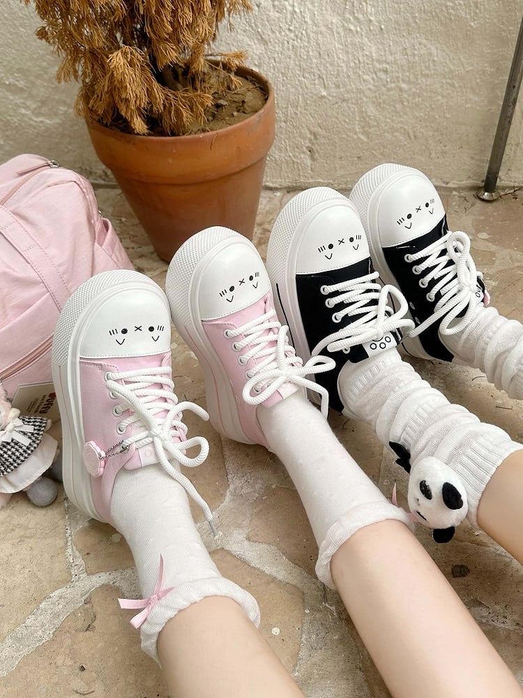 Closure Paw Lace-up Sweet Canvas Lolita Platform Sneakers-Cat Prints Black