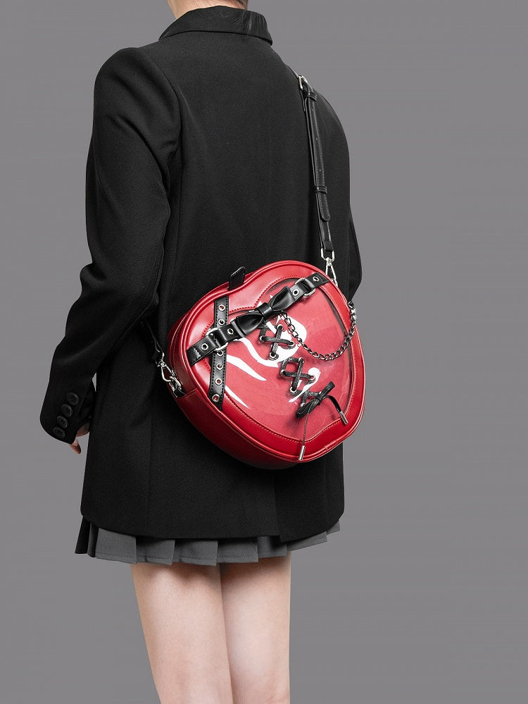 Charming Red Apple-Shaped 2-Way Ita Backpack With Black Belt And Bow Accents Small