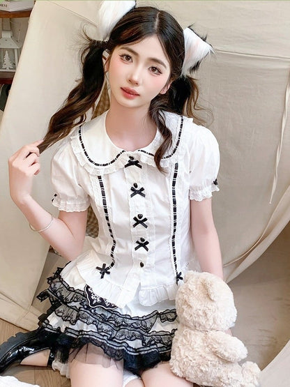 Black Heart Buttons Peter Pan Collar Blouse - Lan Jian Chuan