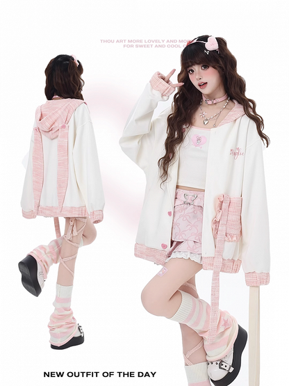 Apricot & Pink Heart-shaped Buttons Hoodie with Detachable Bunny Ear Design