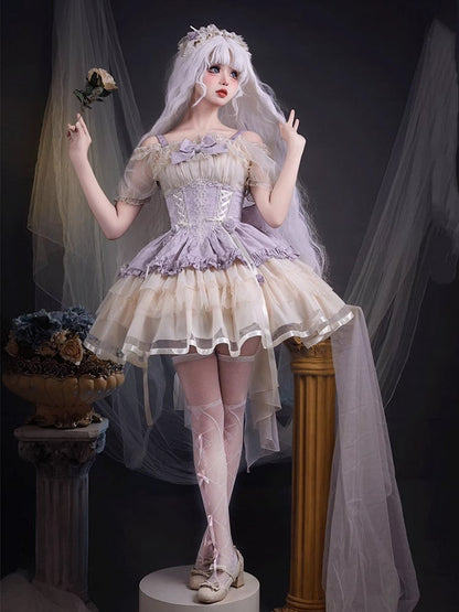 Zug Beige und Lila Großes Korsett Sweet Lolita Balletcore Kleid Taille Schnürung mit Schleife JSK