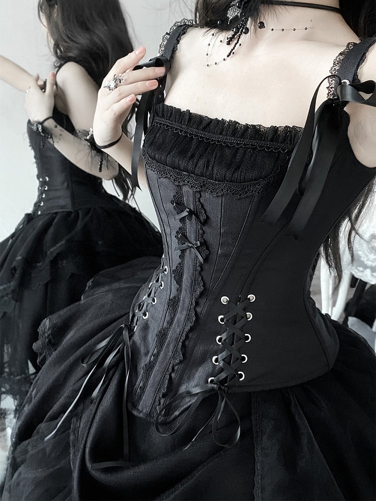 Tulle Top High-low Skirt Boned Lolita + Corset Black Layered Kuro