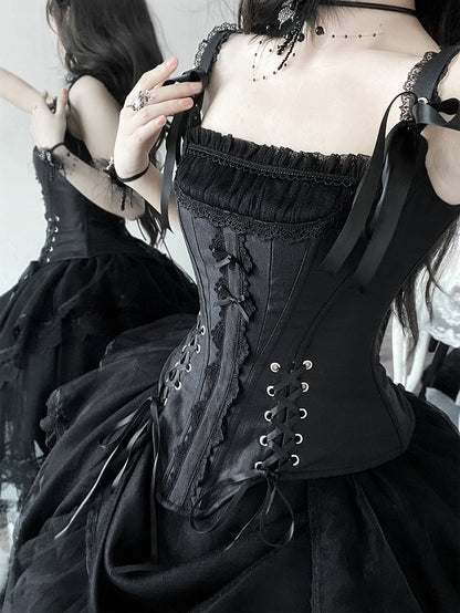 Tulle Top High-low Skirt Boned Lolita + Corset Black Layered Kuro