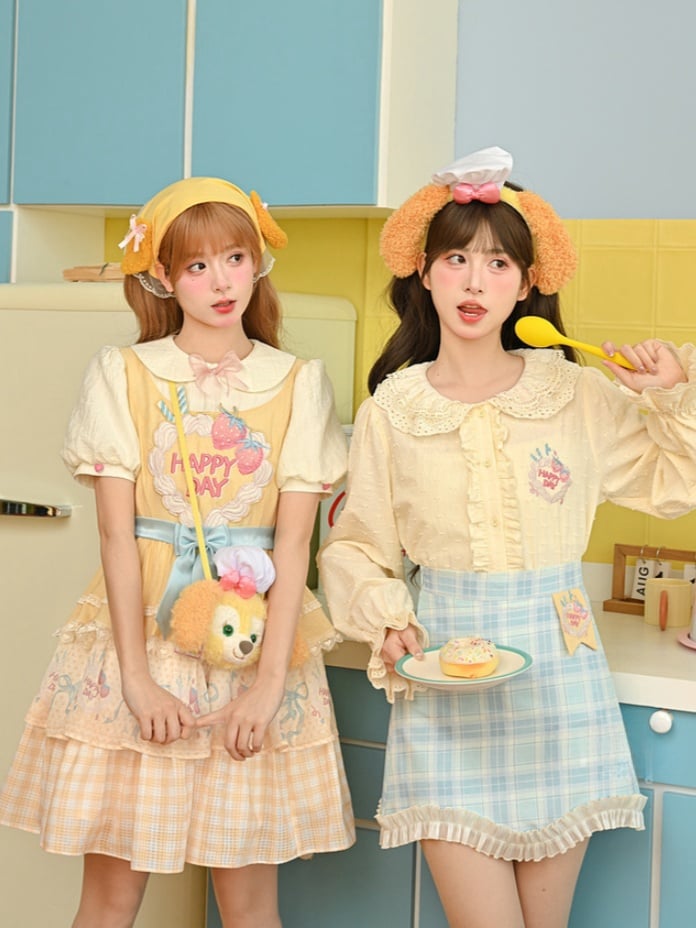 Erdbeerkuchen Stickerei Süßer Rock Lolita Kleid Große Schleife Cremegelb Stufen