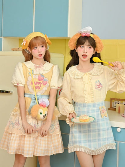 Erdbeerkuchen Stickerei Süßer Rock Lolita Kleid Große Schleife Cremegelb Stufen