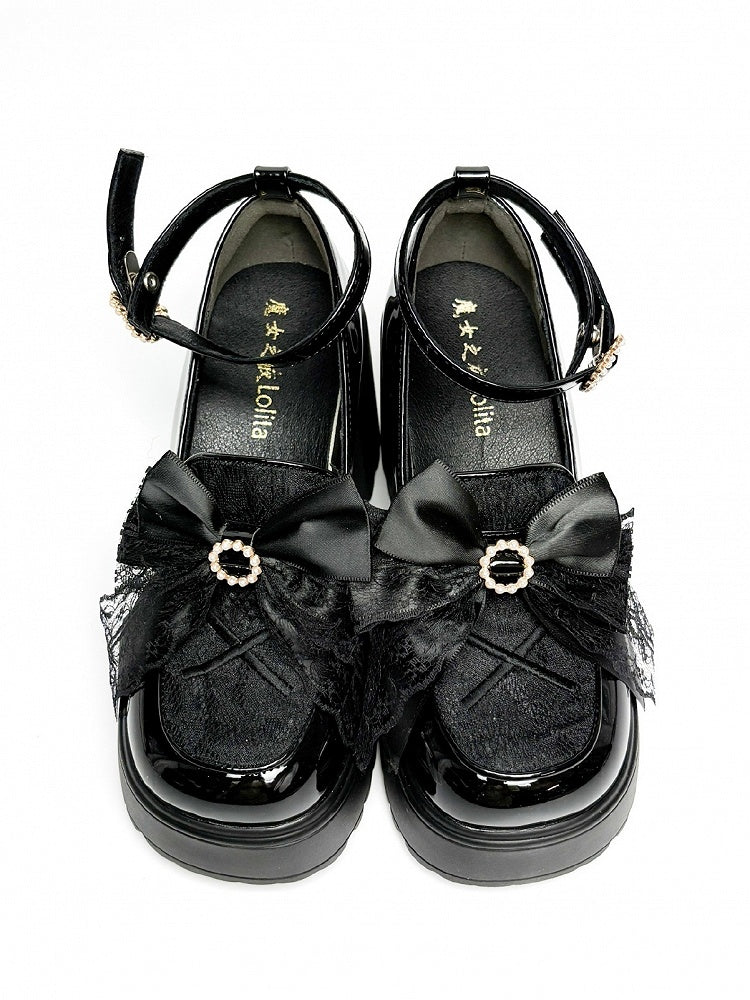 Bow High Block Kei Jirai Top Schwarz Perlen Plateau Heels Sohle PU Dekor mit