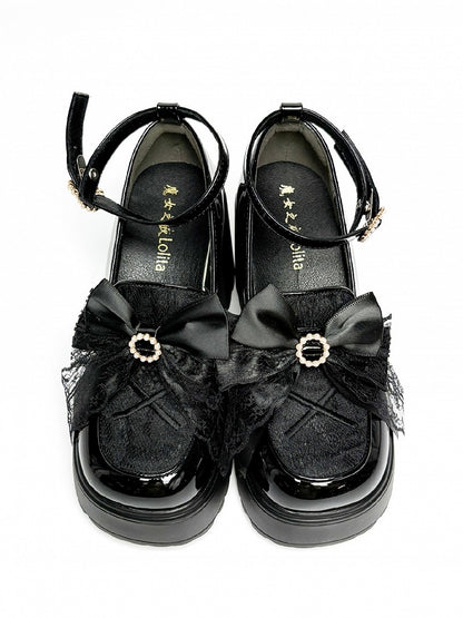 Bow High Block Kei Jirai Top Schwarz Perlen Plateau Heels Sohle PU Dekor mit