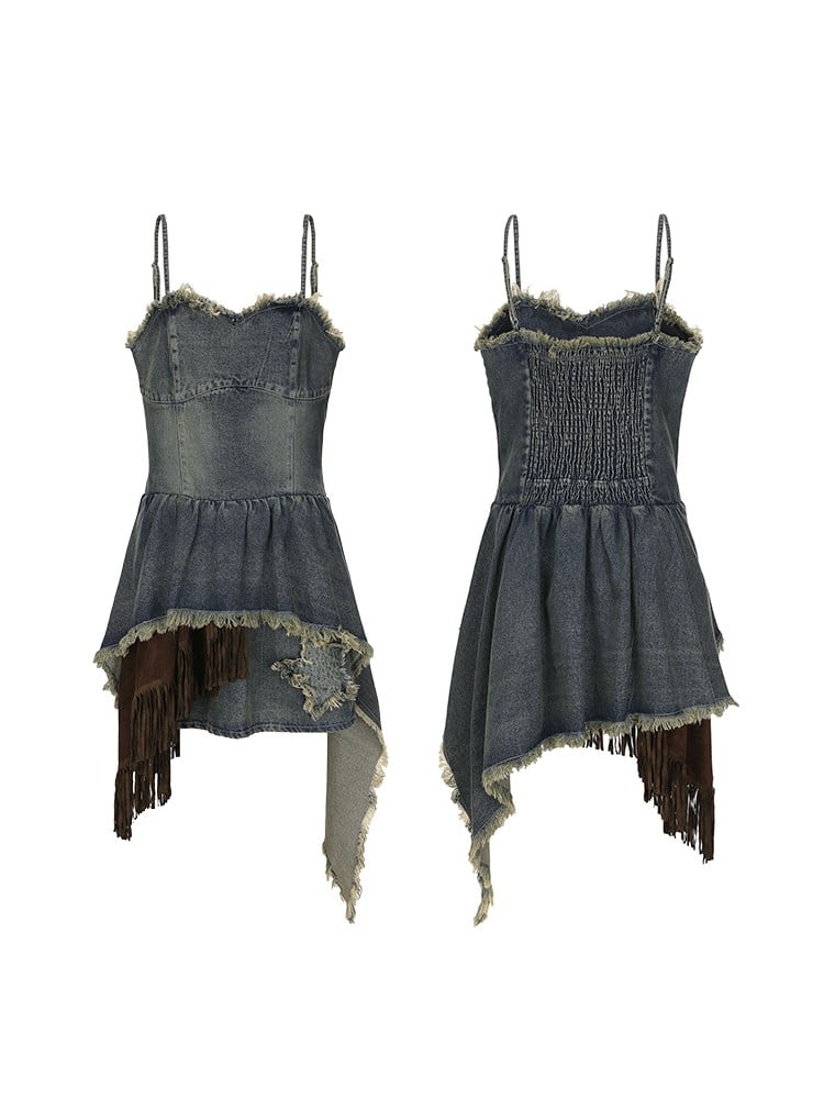 Asymmetrical Hem Gray-Blue Star Slip Y2K Denim Layered Size Dress with Plus Patch Distressed
