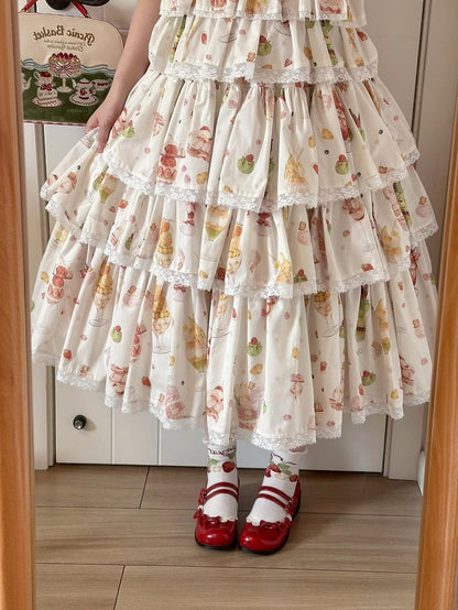 クリーム色のスカートプリントのティアードロリータ、甘いフルーツとデザート