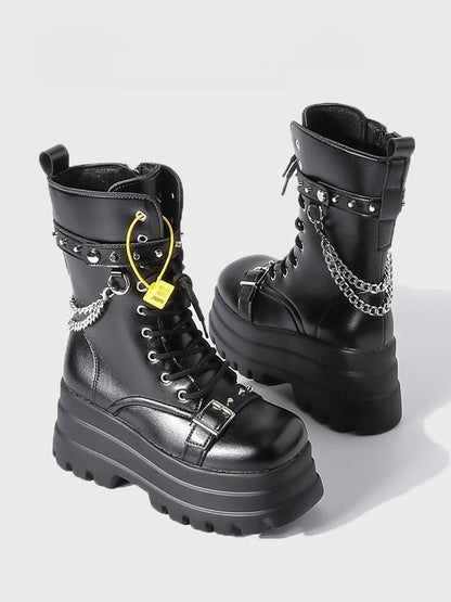 Mid-Calf - Gothic Chain Charm Platform Black Boots