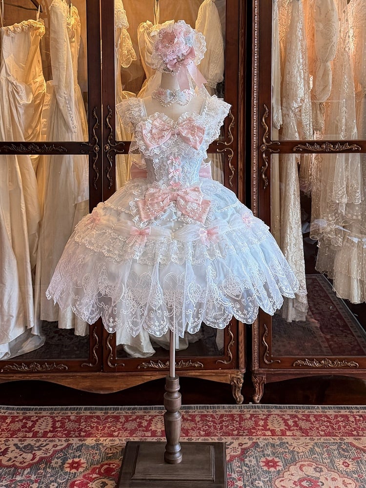 Blue Multi-Layer Lace Trim Lolita JSK with Bow and Bead Chain Decorations - White Sugar Girl