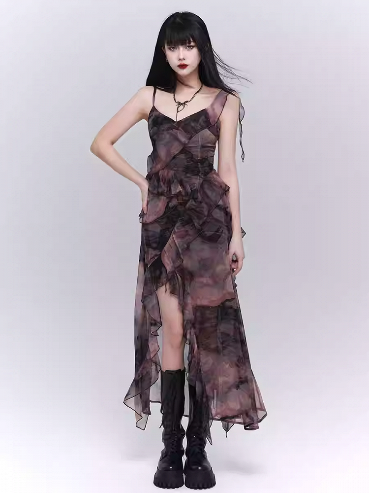 Purple/Dark Gray Butterfly Tie Dye Asymmetrical Flounce Hem Slip Dress