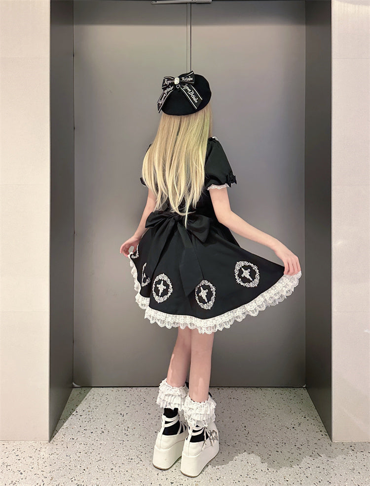 ブラック ジライケイ フリル レーストリム クロスドレス ビッグリボントレーン付き