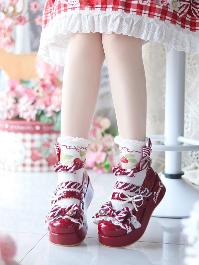 Red Sweet Details Lolita - for Heart-shaped Cat Fastener Print Mary Bowknot Wine with Janes