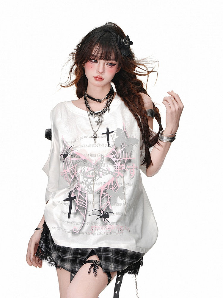 Rebel Hunter Butterfly and Spider Cutout Shoulder Plaid Patchwork Hem Black/White T-Shirt