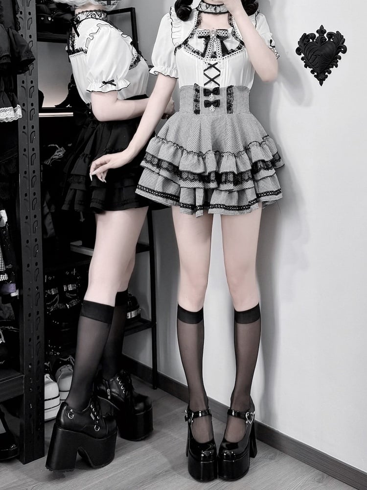 Black Tiered Skirt with Lace Trim and Rhinestone Bow Embellishments - GingaU