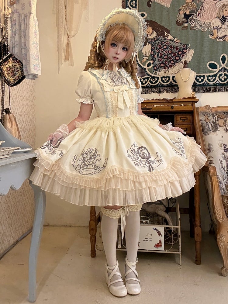 Apricot Lolita OP Full Set with Floral Embroidery, Bonnet, Sleeves, Hairband and Bow Clip - Double sweet Lolita