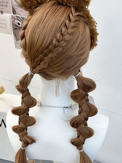 Brown Wig Braided Full Double Synthetic Ponytails Bangs With and