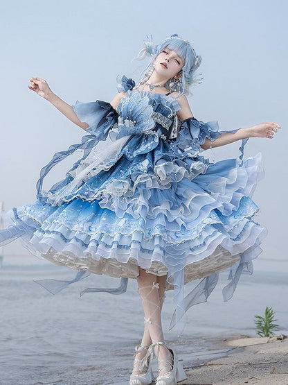 Ruffles Accents Lolita Jellyfish-Inspired Blue Full Set Dress and Bead Gradient with Layered