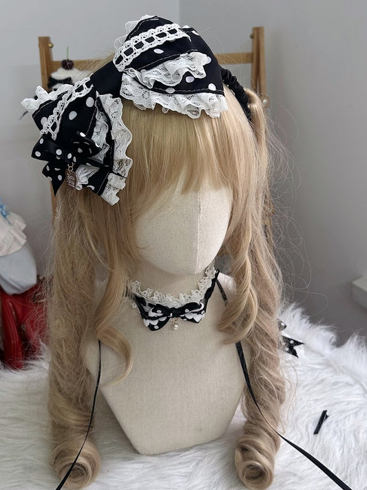 Black Bow and White KC Lolita Sweet Trim Polka-dot Lace