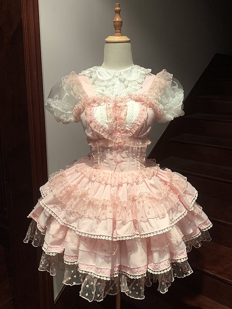 Pink Pattern Polka-dot Heart Sweet Ruffled Heart Front Lolita Dress