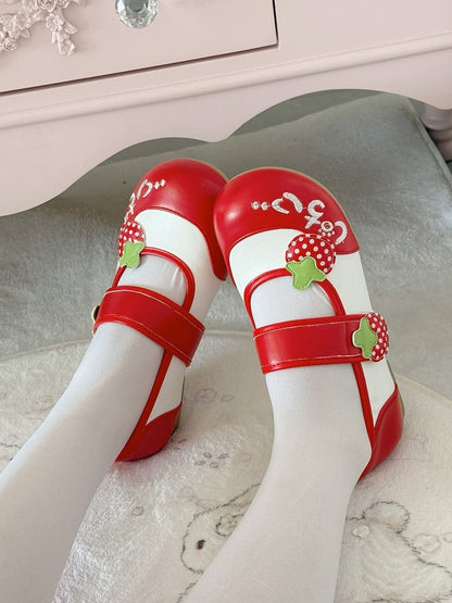 Red Indoor Sweet Shoes Appliques with Soft Round-Toe Soles Strawberry Lolita