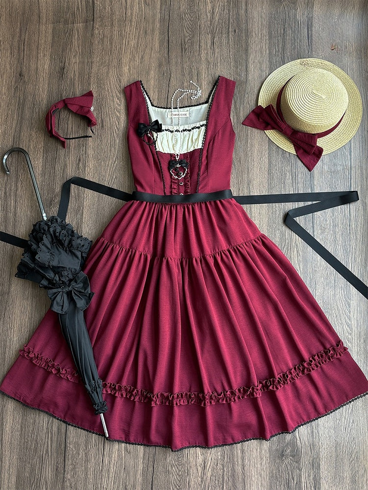 Red Elegant Classic Lolita JSK Dress with Ruffled Front Placket and Lace Trim