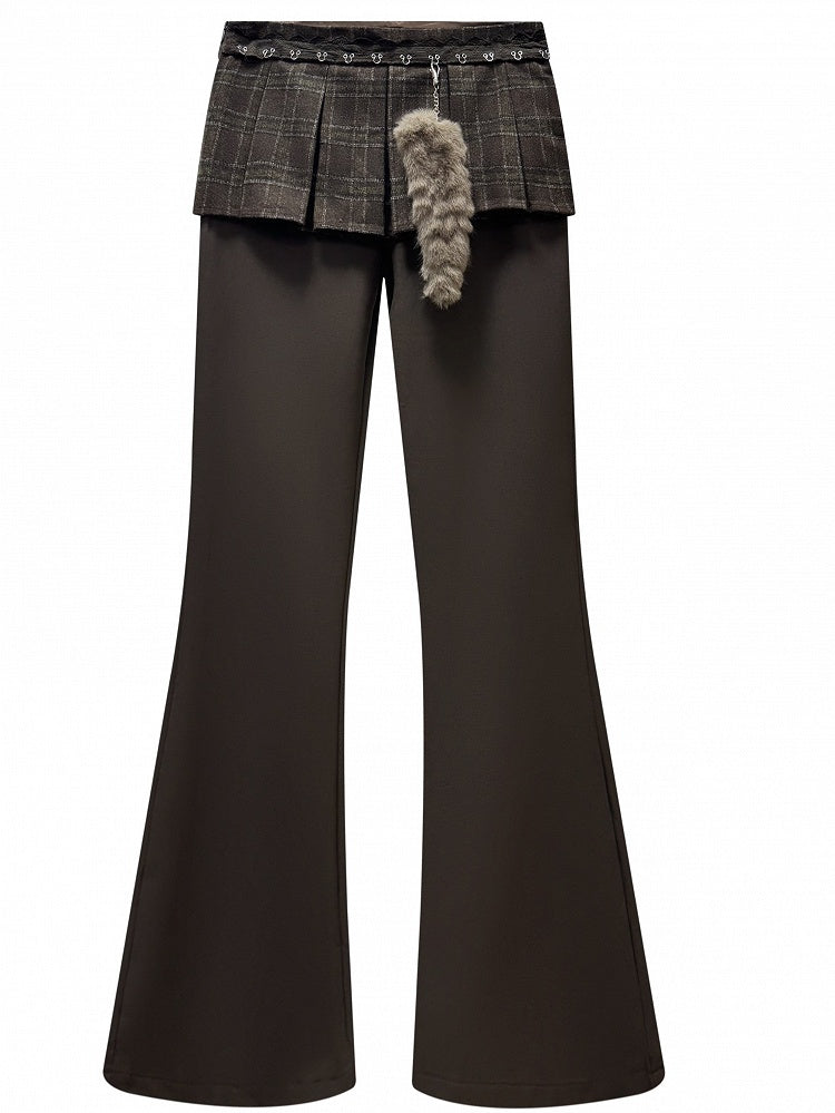 Pants Attached Pleat Box Tail Brown Charm Plaid with Skirt Flared
