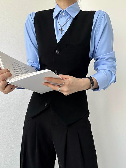 Collar Shirt Sleeve Modal Button Light Ouji Unisex with Lolita Cuffs Blue Long Pointed Flat