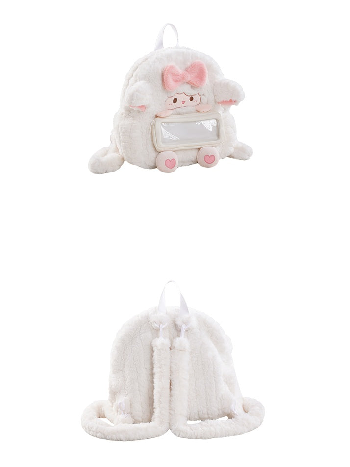 White Lamb-shaped Bowknot Heart Plush Backpack With A Detachable Pencil Case