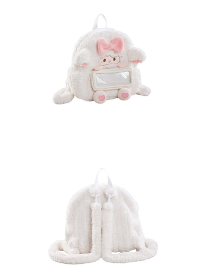 White Lamb-shaped Bowknot Heart Plush Backpack With A Detachable Pencil Case