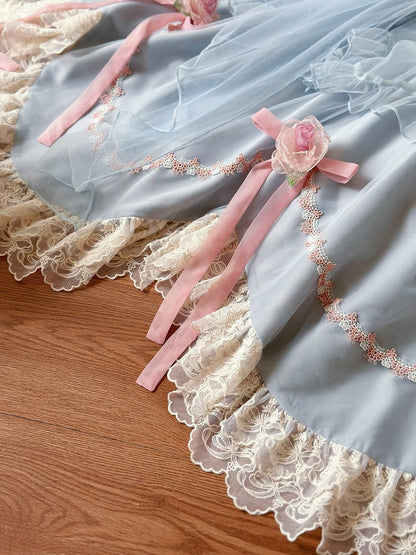 Blaue Basken-Taille mit floralen Schleifenknoten, Hanayome Lolita OP / Komplettset