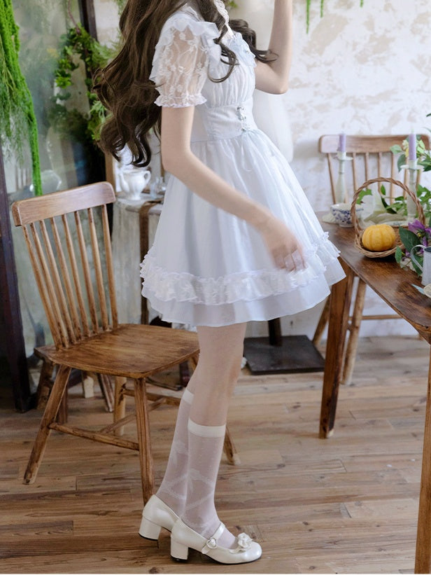 Kragen Schnürung Taille Pan Jirai Kei Kleid Hellblau Illusion Ausschnitt Peter