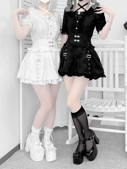 Techwear Style Jirai Kei Knot Skirt White with Cheongsam Buttons Jacquard