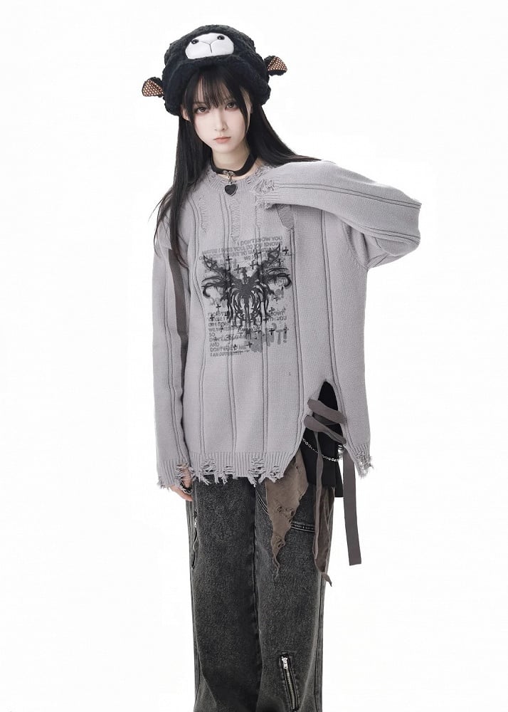 Grauer Pullover mit Distressed-Besatz