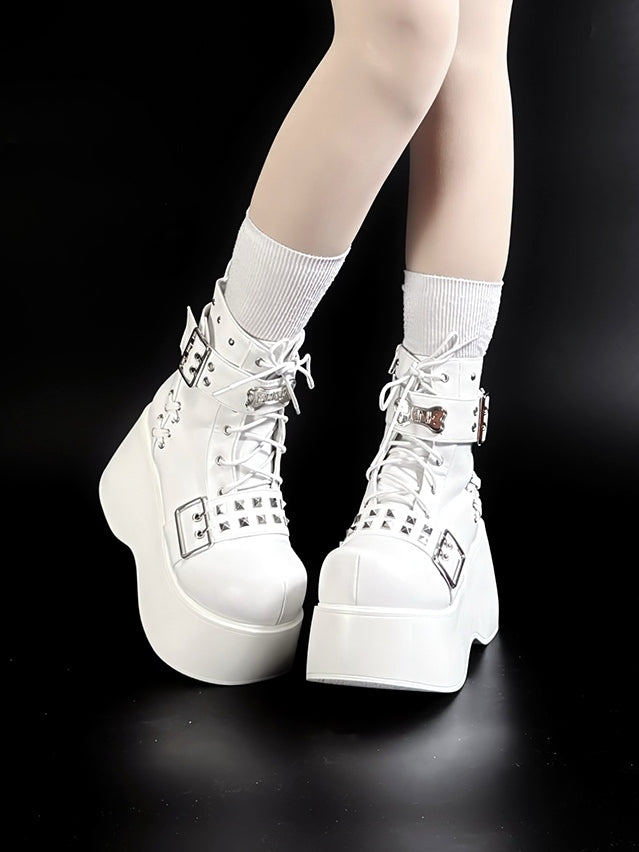 Matte White Punk Platform Boots – Stud, Bone & Lace-Up Strap Design