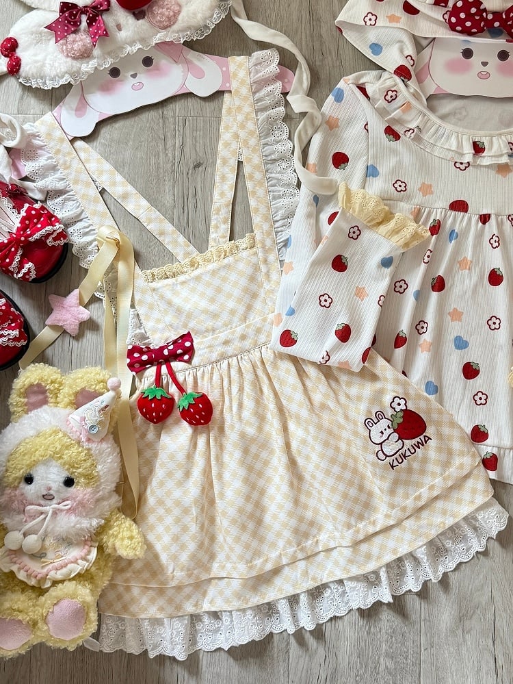 Flutter Dot Plaid Charm Bow Yellow Polka Trim Apron - Lace Strawberry Sleeve
