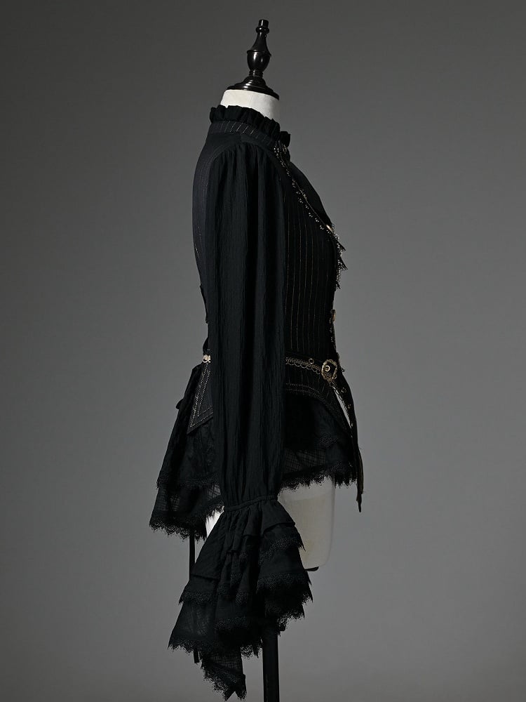 ブラックのフリルネックライン、ロングカフススリーブ、ジャボカド