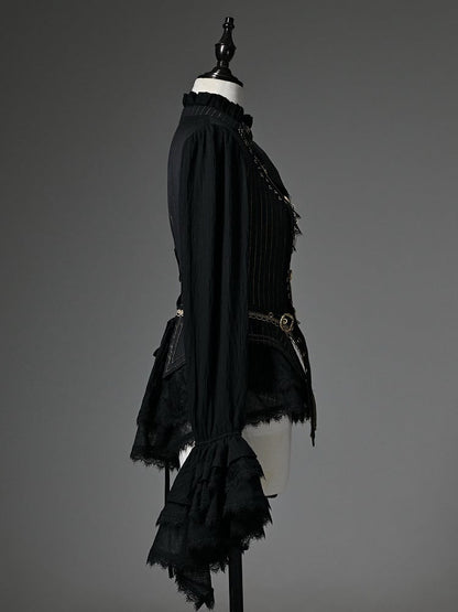 ブラックのフリルネックライン、ロングカフススリーブ、ジャボカド