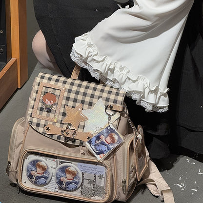 Khakifarbener abnehmbarer Rucksack mit Ita-Ohrkartenanhänger und Hase und Halter