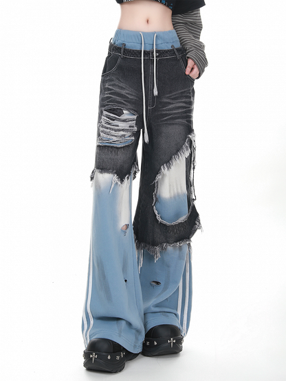 with Pants Jeans Two-Piece Waist Faux Drawstring Blue Patched Distressed